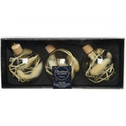 Set Of 3 Pampas Filled Glass Baubles
