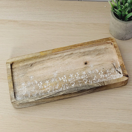 Floral Etched Mango Wood Tray