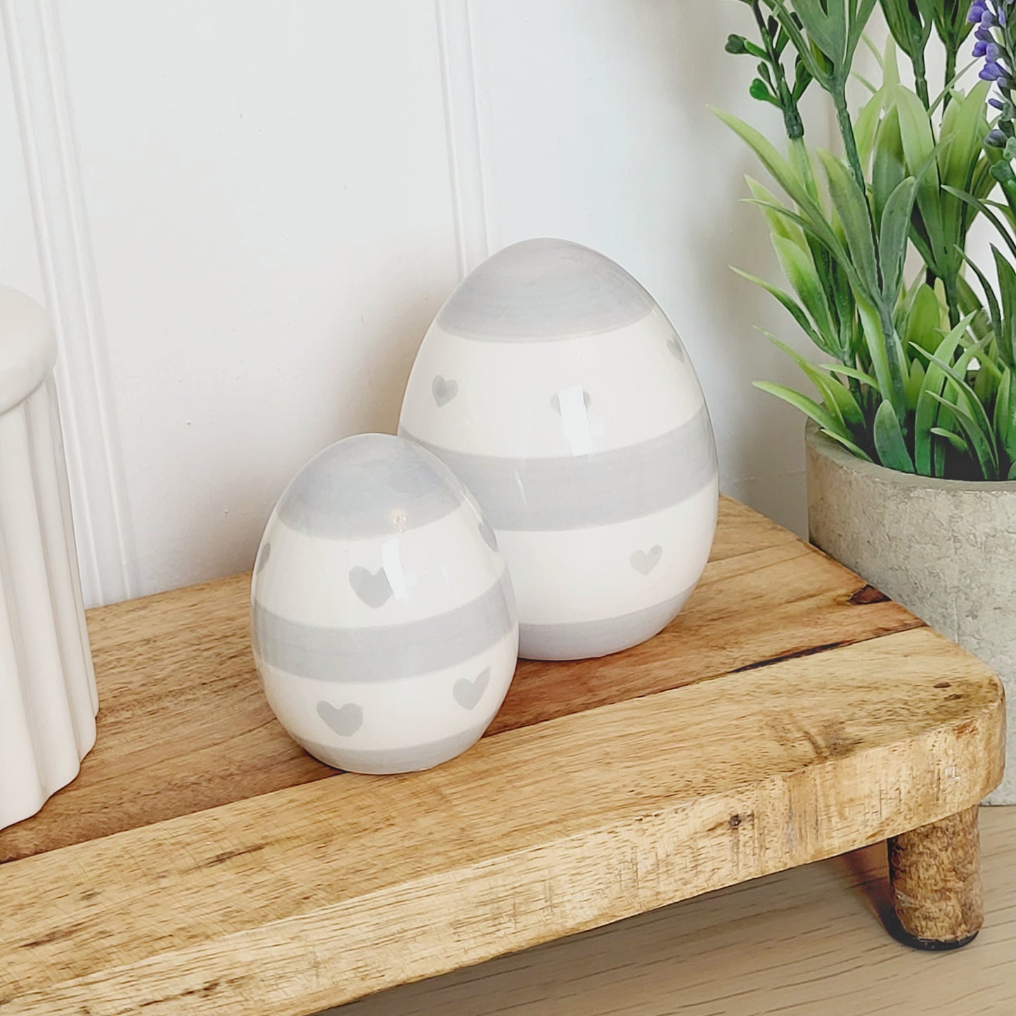 Grey Heart & Stripe Ceramic Egg - 2 Sizes