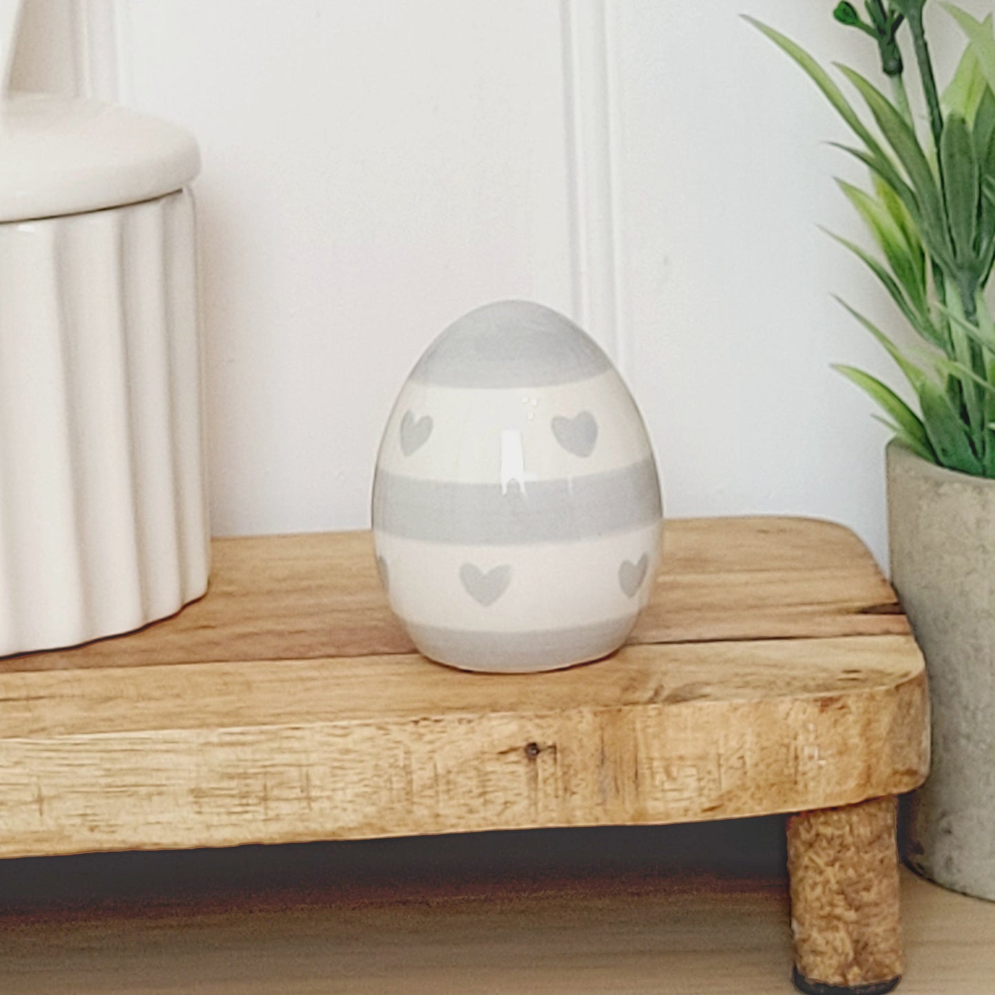 Grey Heart & Stripe Ceramic Egg - 2 Sizes