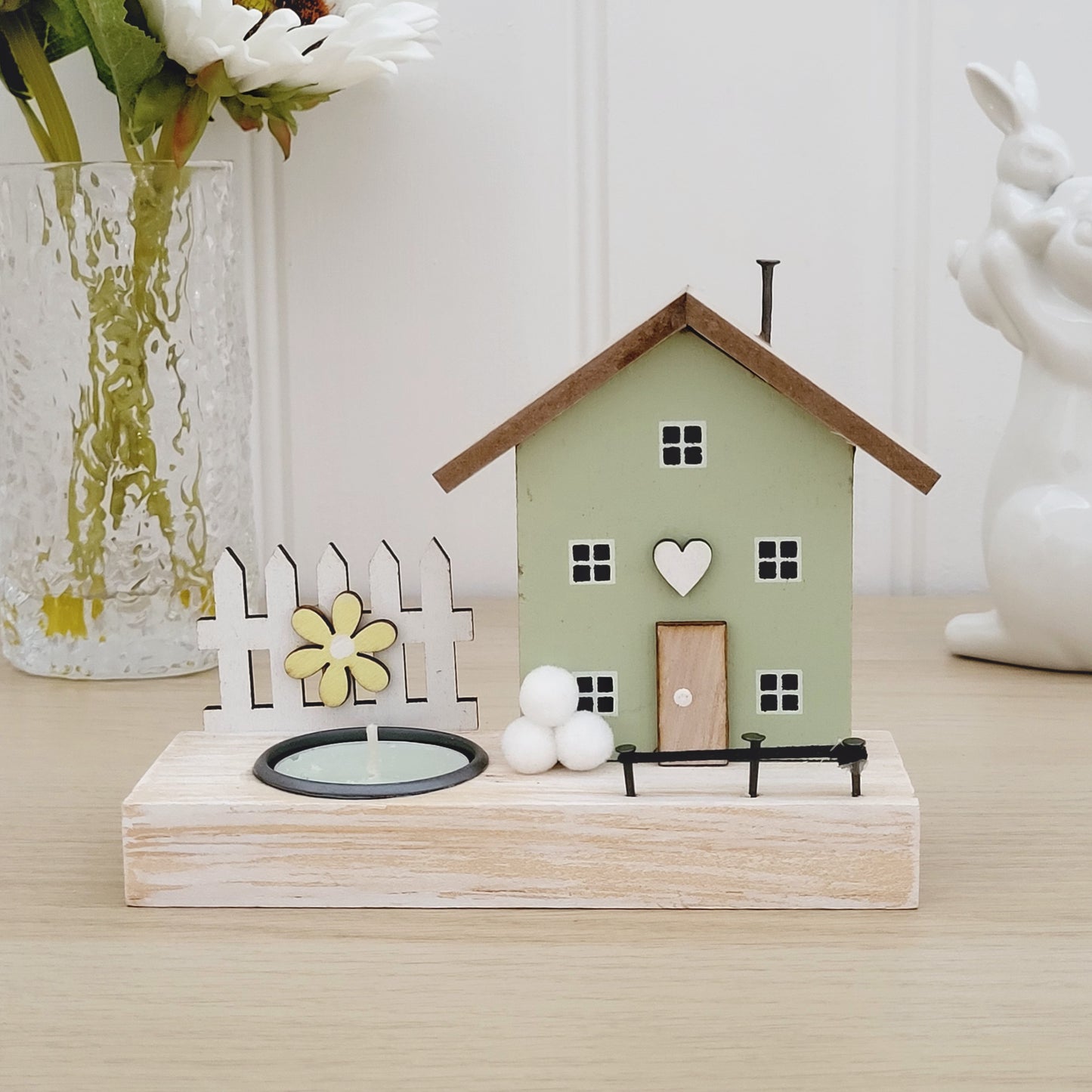 Green Wooden House Tealight Holder