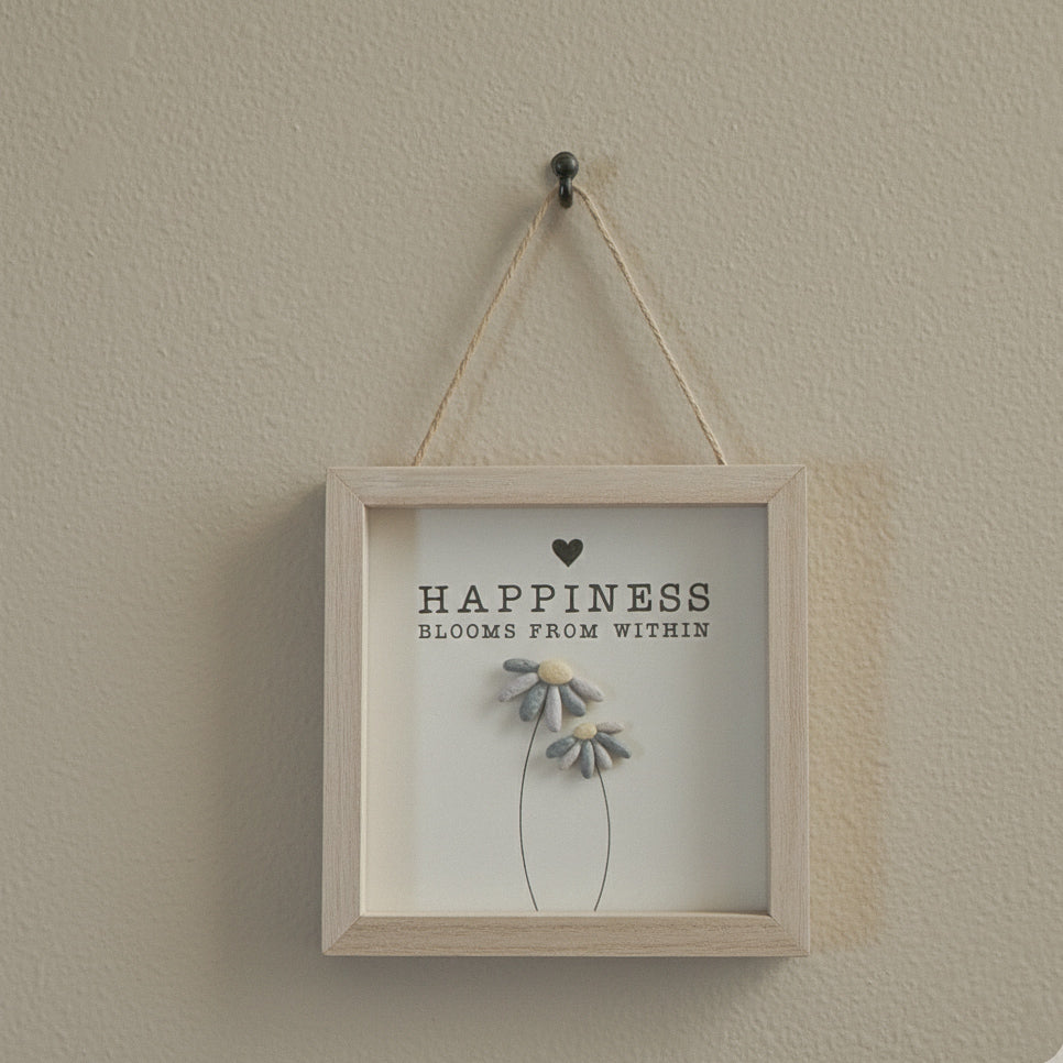 Happiness Flower Pebble Wooden Framed Hanging Sign