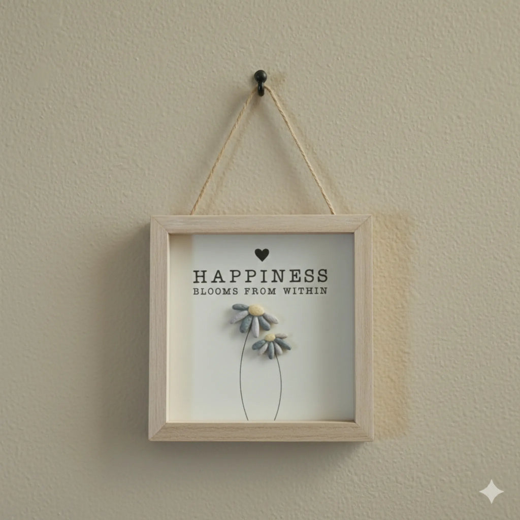 Happiness Flower Pebble Wooden Framed Hanging Sign