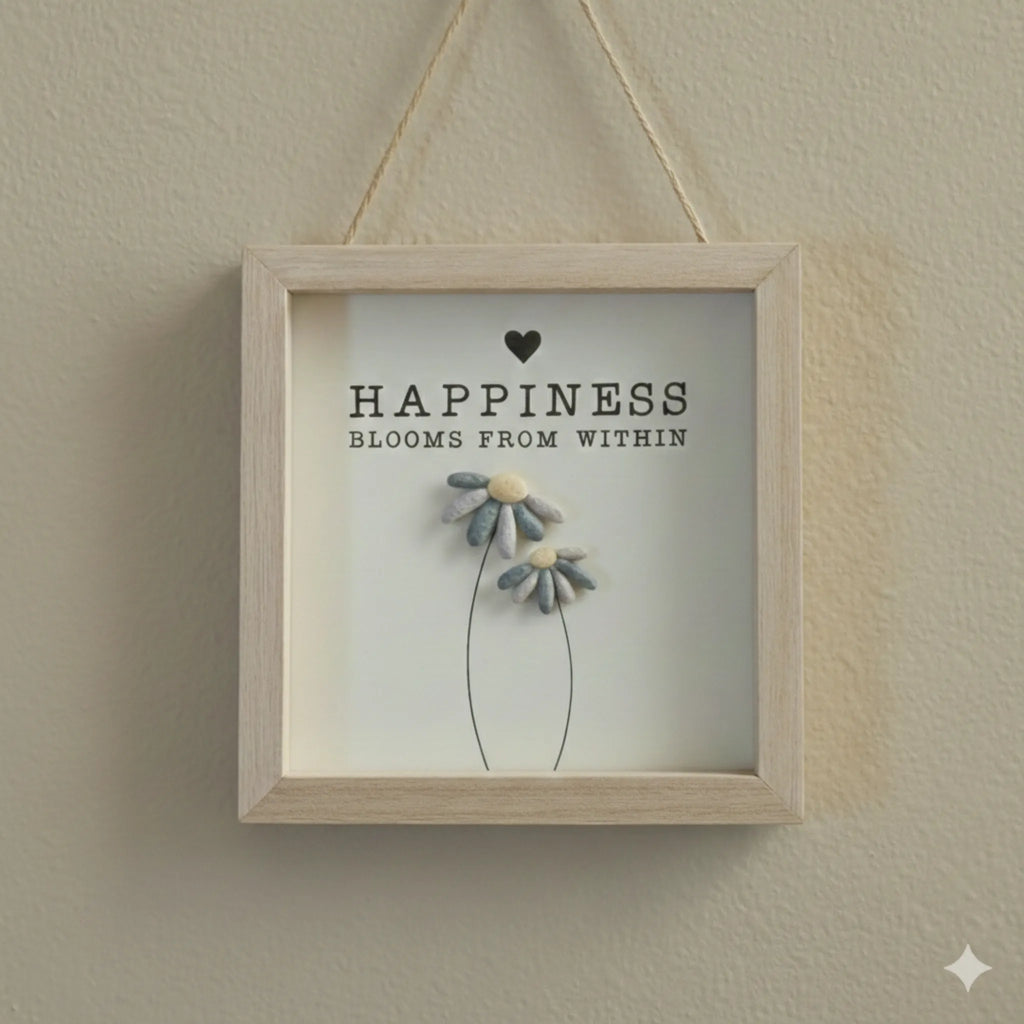 Happiness Flower Pebble Wooden Framed Hanging Sign