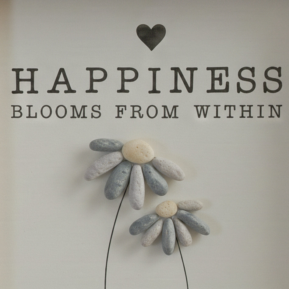 Happiness Flower Pebble Wooden Framed Hanging Sign