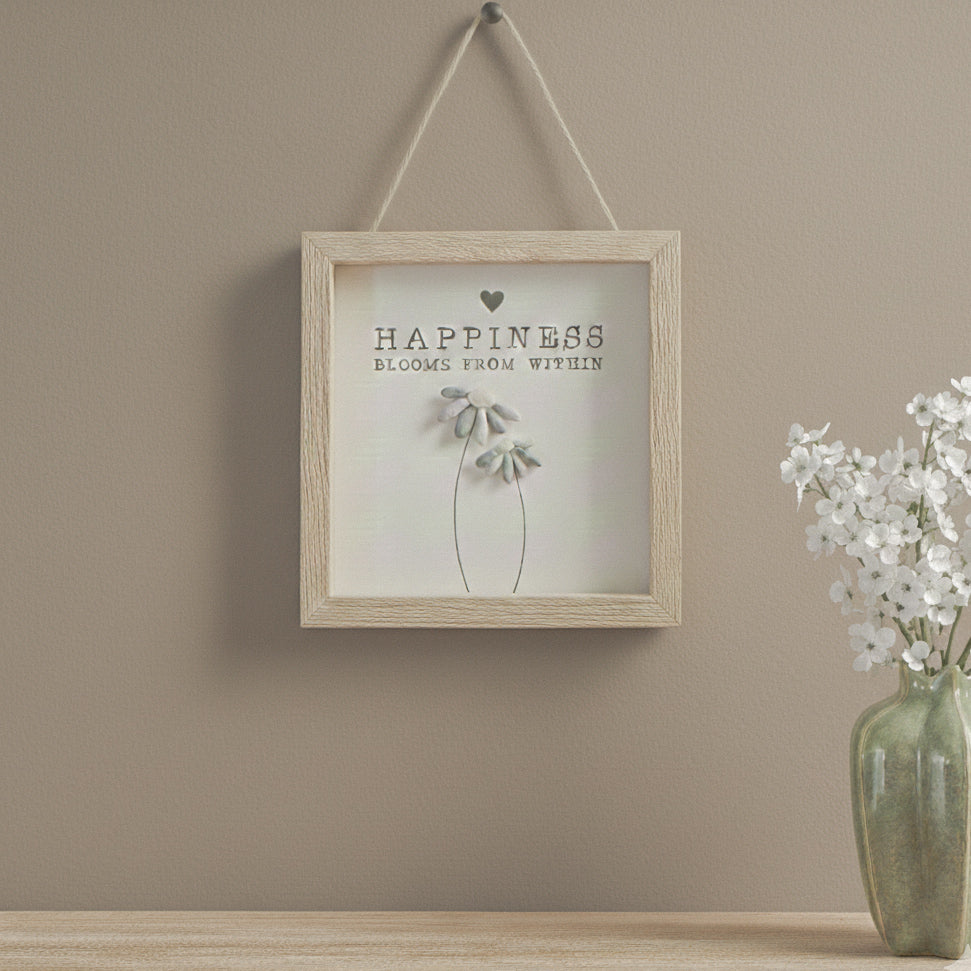 Happiness Flower Pebble Wooden Framed Hanging Sign