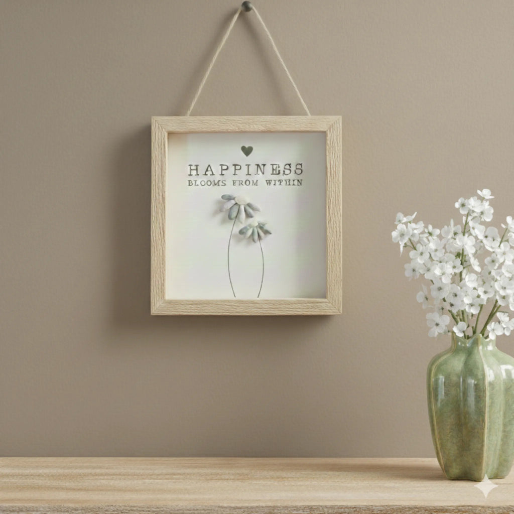 Happiness Flower Pebble Wooden Framed Hanging Sign