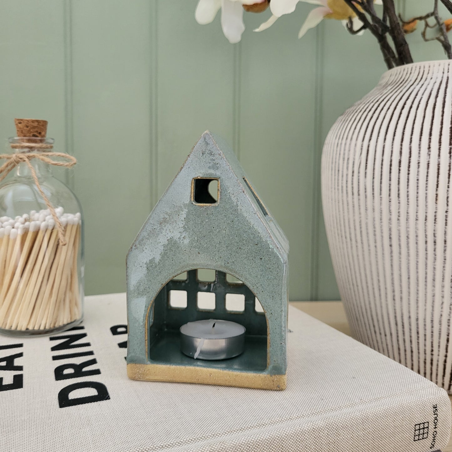 Green Ceramic House Tealight Holder