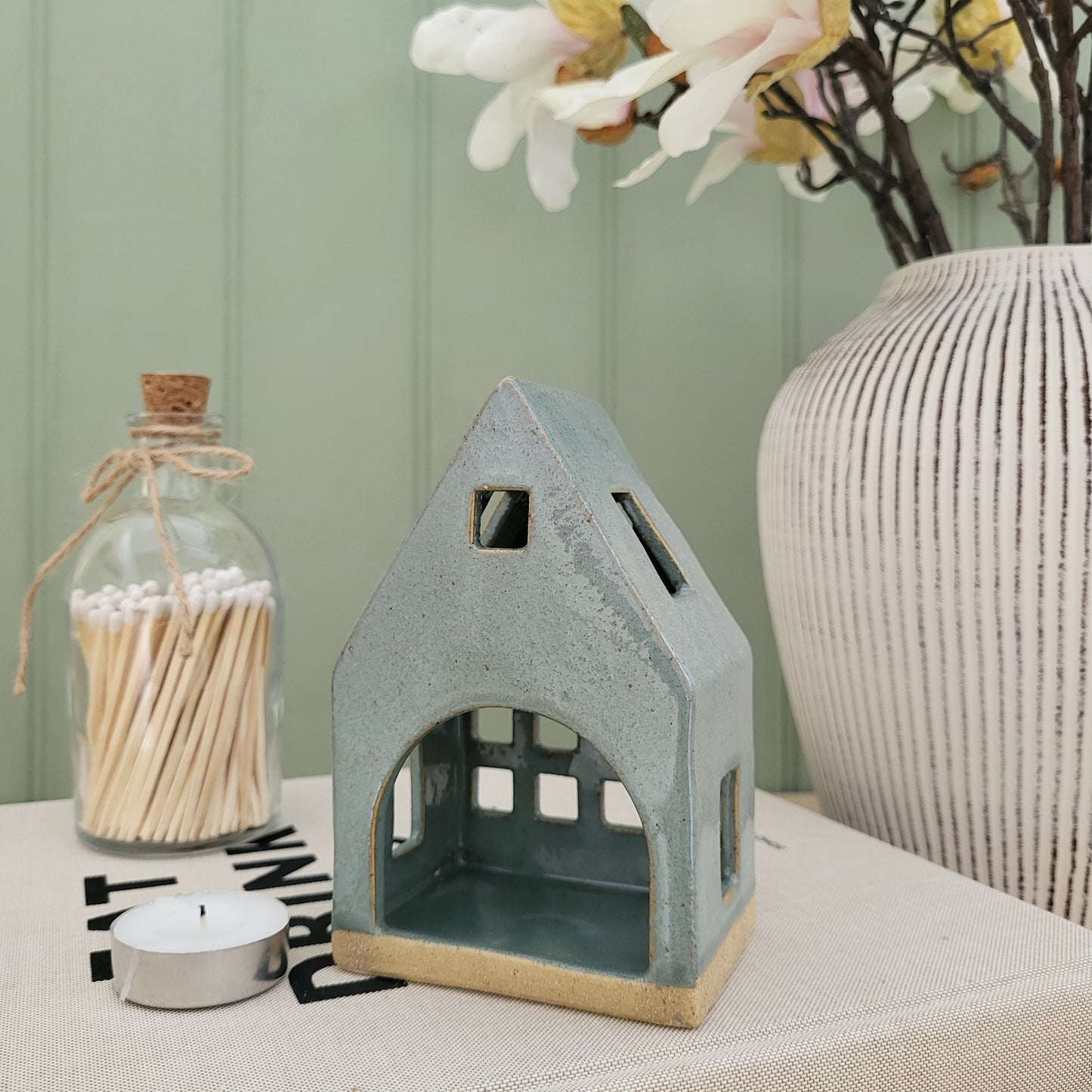 Green Ceramic House Tealight Holder