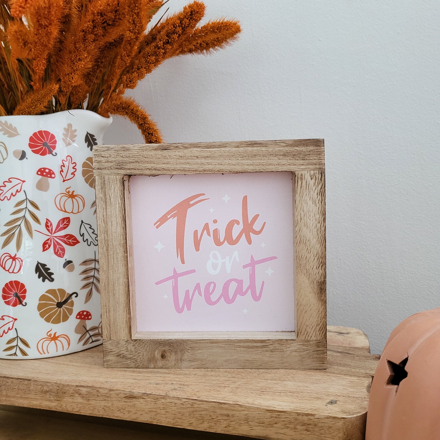 Pink Trick or Treat Wooden Framed Plaque