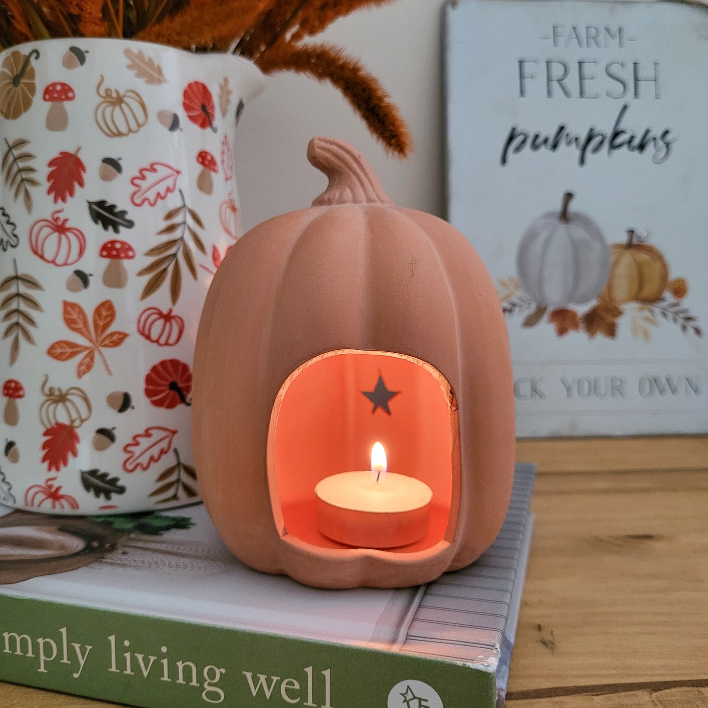 Terracotta Pumpkin Tealight Holder With Stars