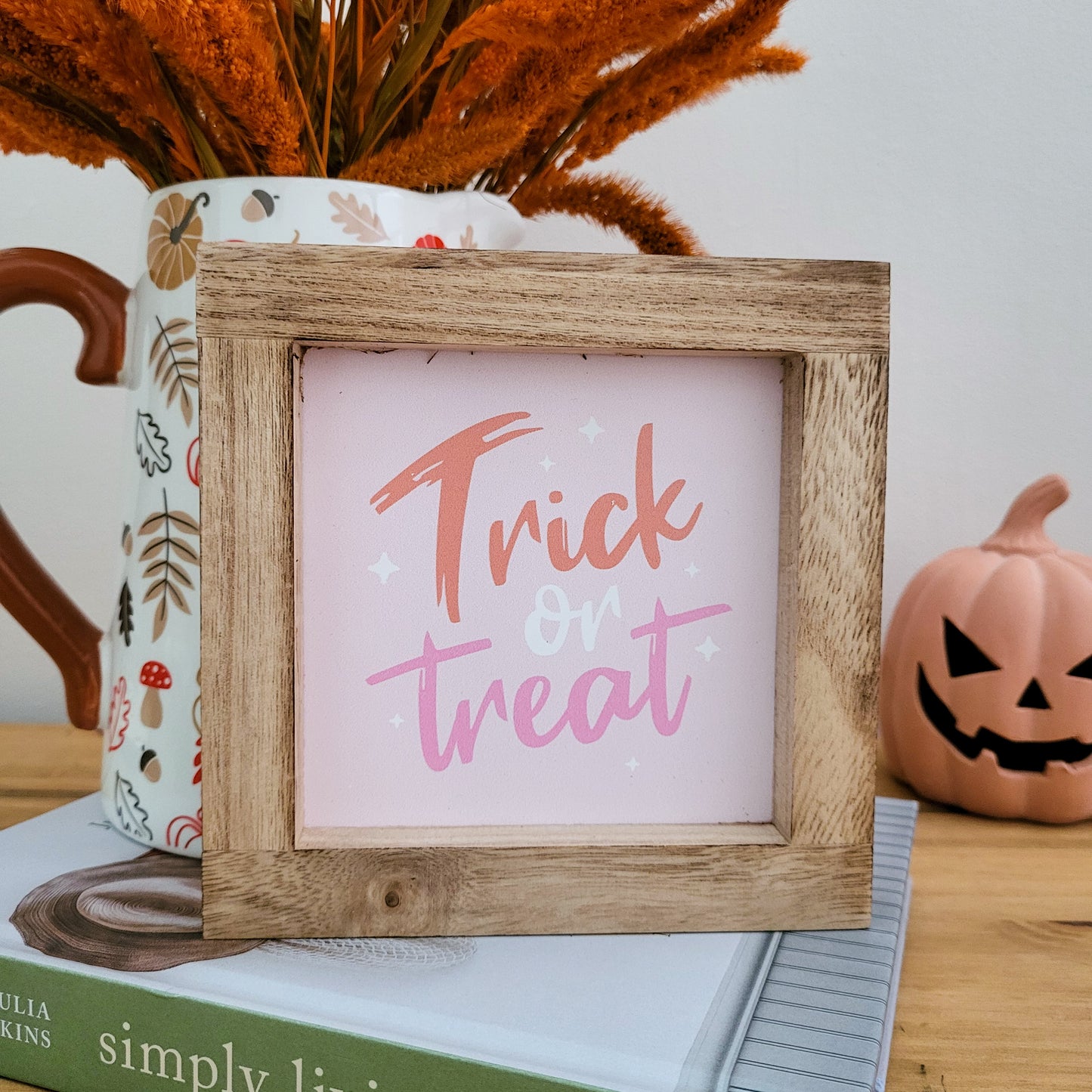 Pink Trick or Treat Wooden Framed Plaque