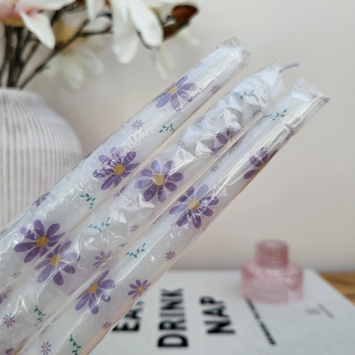 Set of 3 Purple Daisy Taper Candles