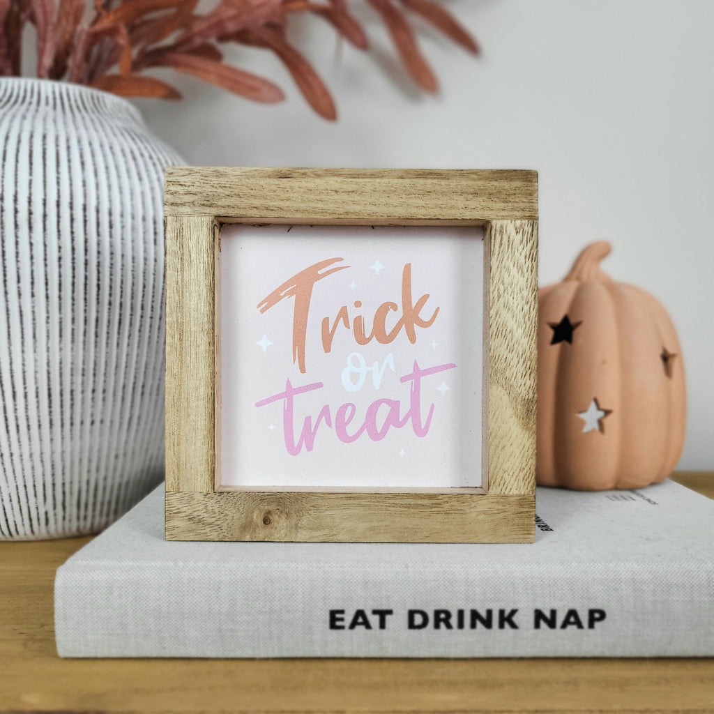 Pink Trick or Treat Wooden Framed Plaque