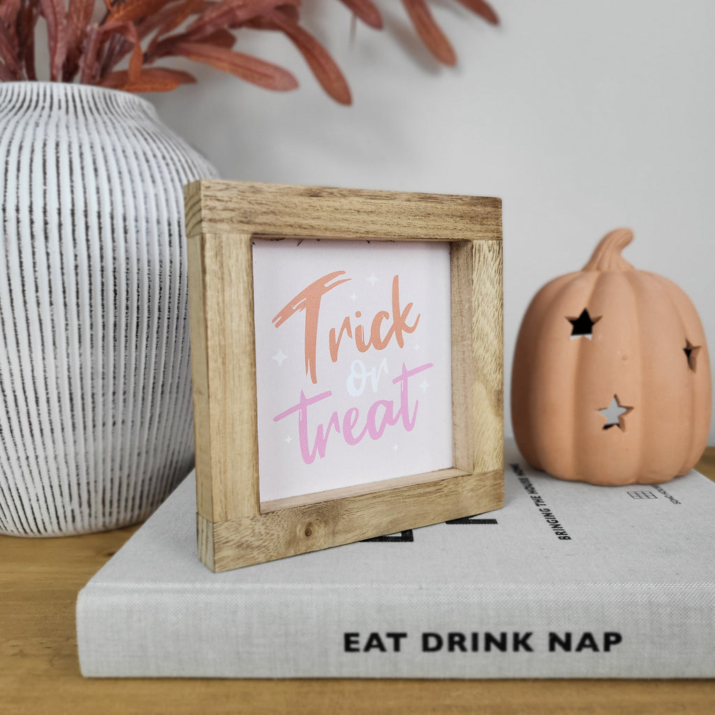 Pink Trick or Treat Wooden Framed Plaque