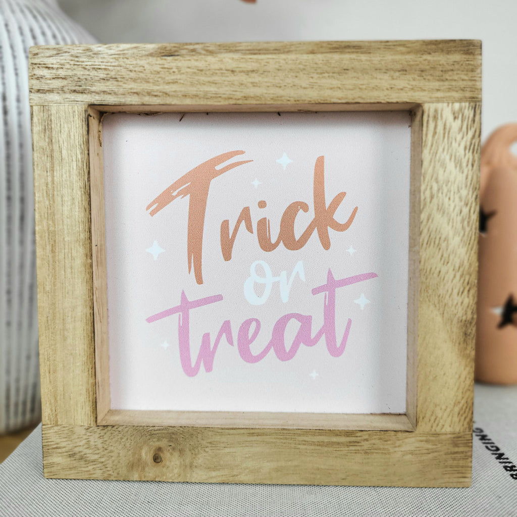 Pink Trick or Treat Wooden Framed Plaque