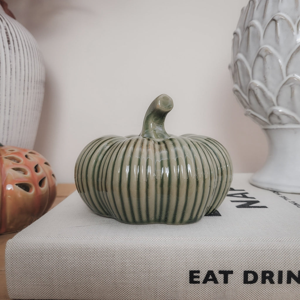 Glazed Ribbed Green Ceramic Pumpkin Ornament