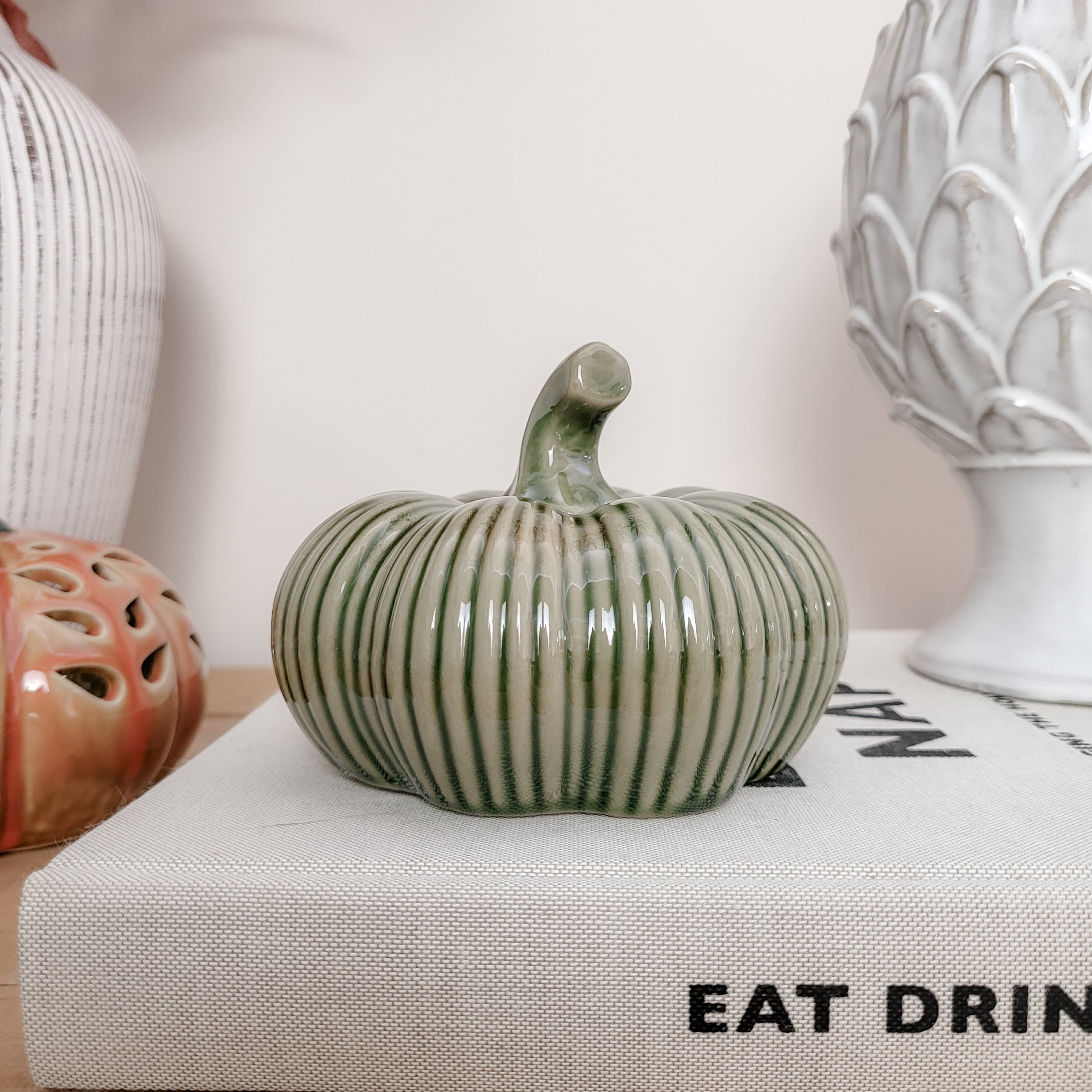 Glazed Ribbed Green Ceramic Pumpkin Ornament