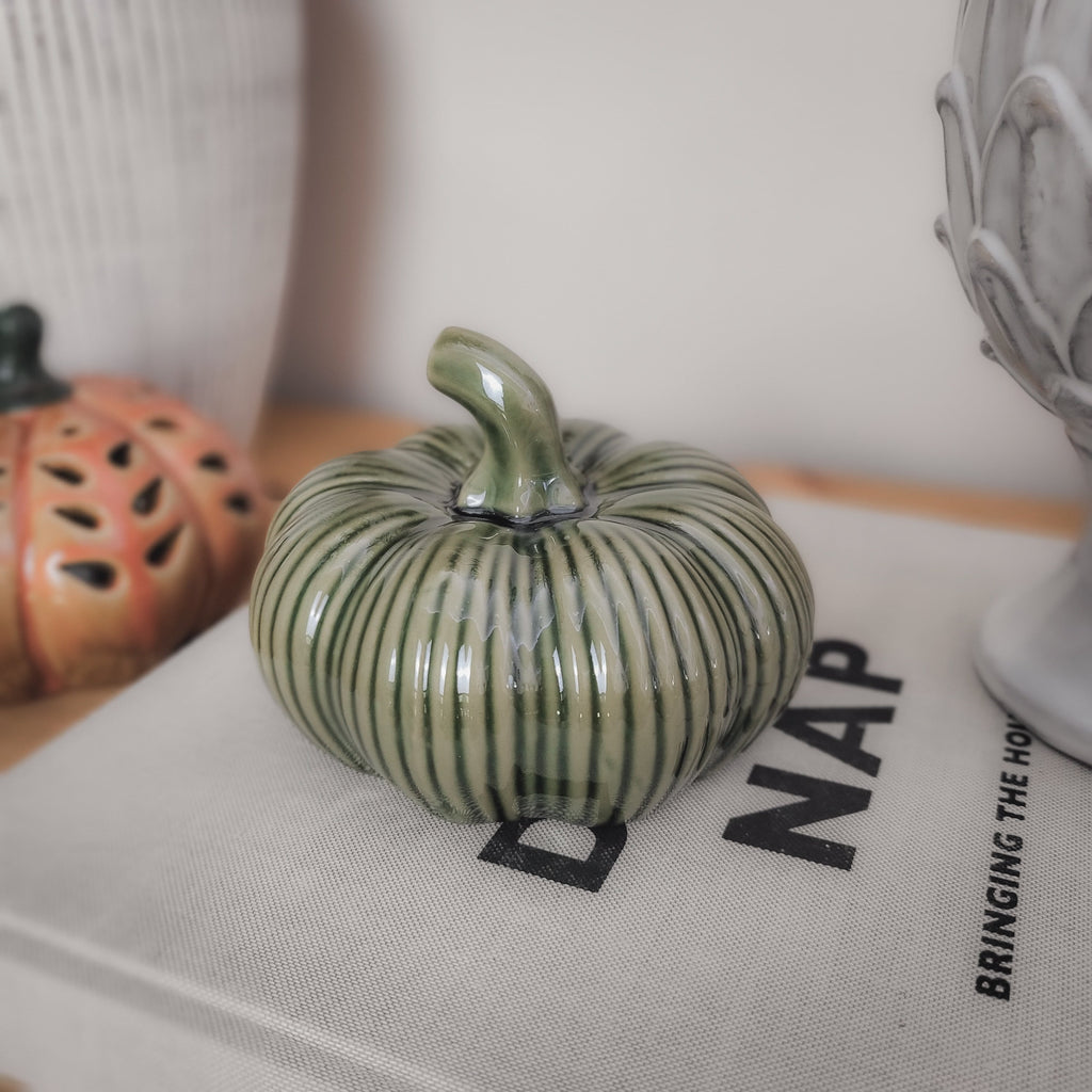 Glazed Ribbed Green Ceramic Pumpkin Ornament