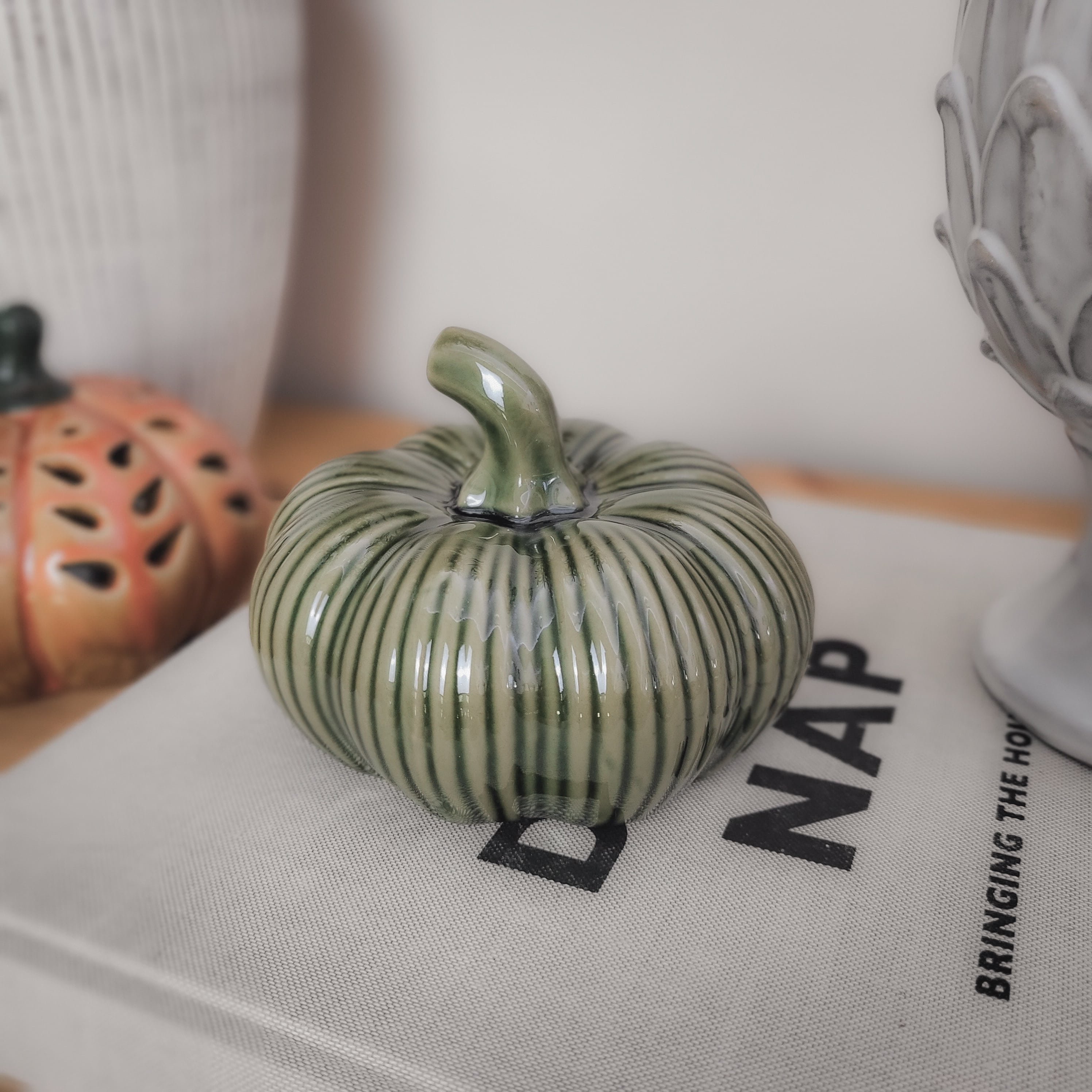Glazed Ribbed Green Ceramic Pumpkin Ornament