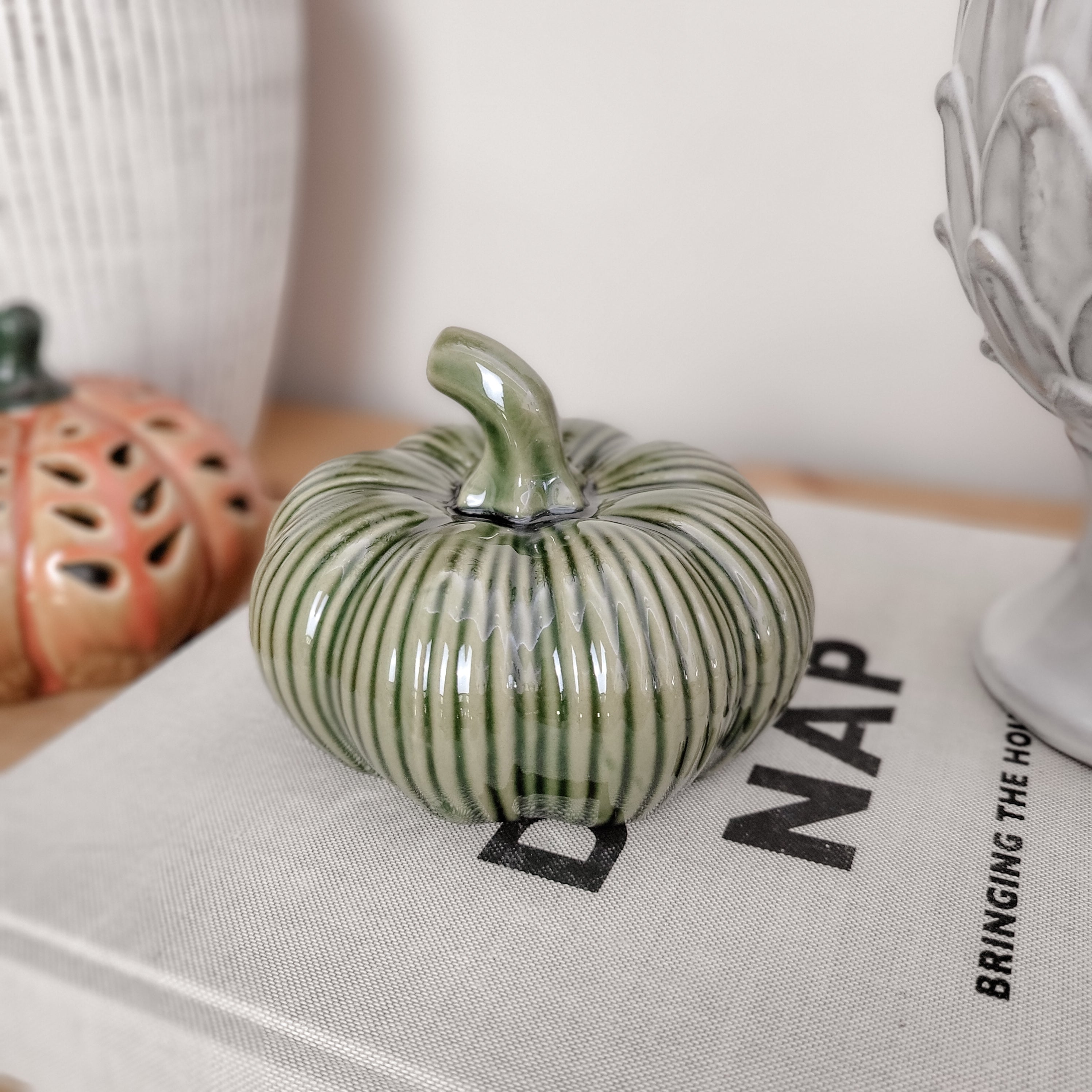 Glazed Ribbed Green Ceramic Pumpkin Ornament