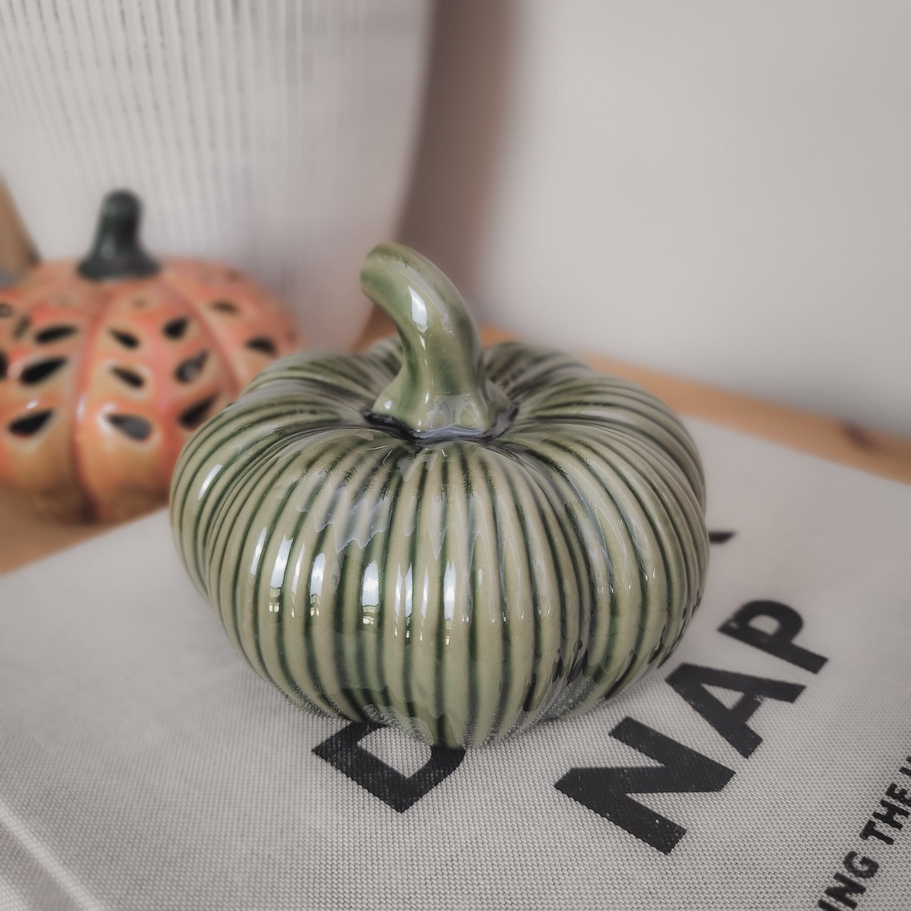 Glazed Ribbed Green Ceramic Pumpkin Ornament