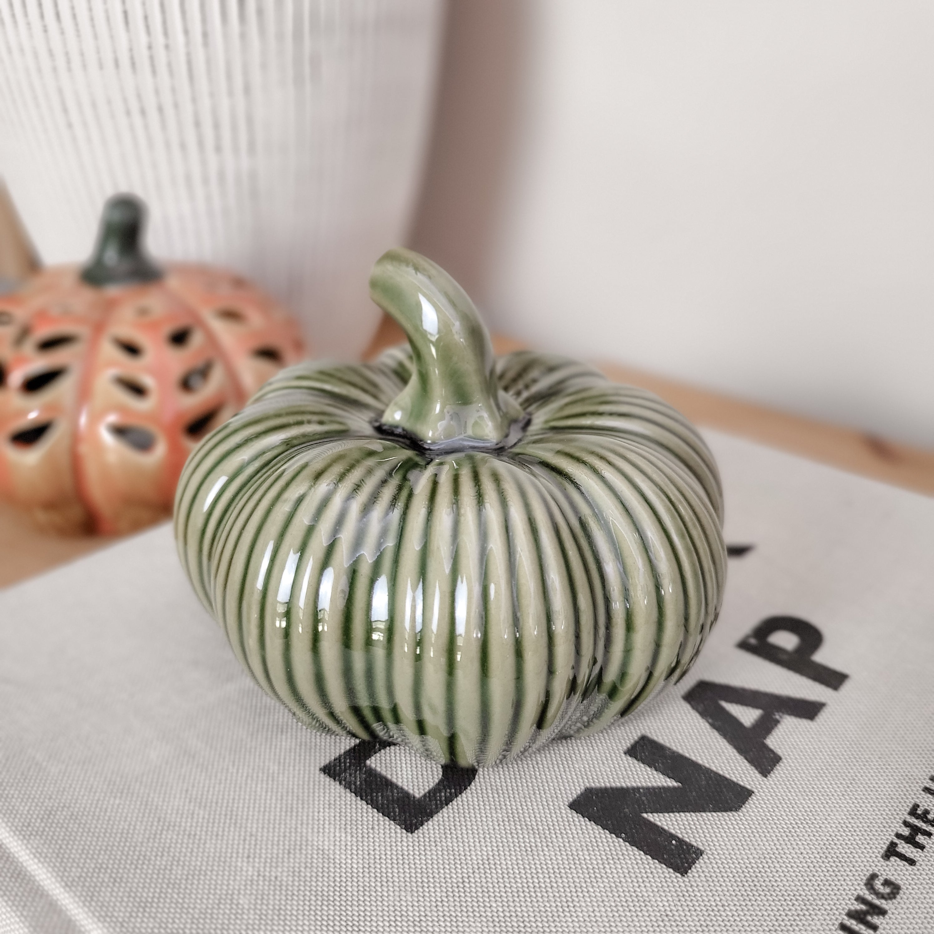 Glazed Ribbed Green Ceramic Pumpkin Ornament