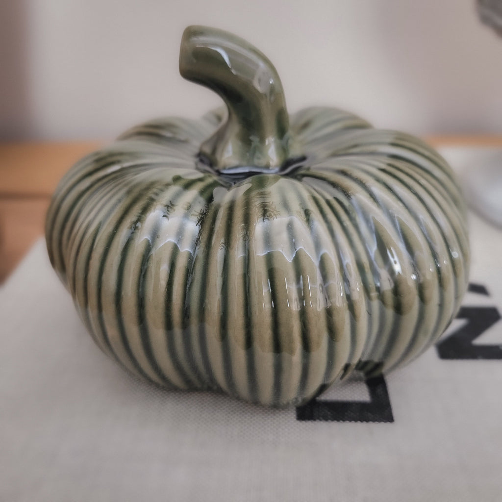 Glazed Ribbed Green Ceramic Pumpkin Ornament