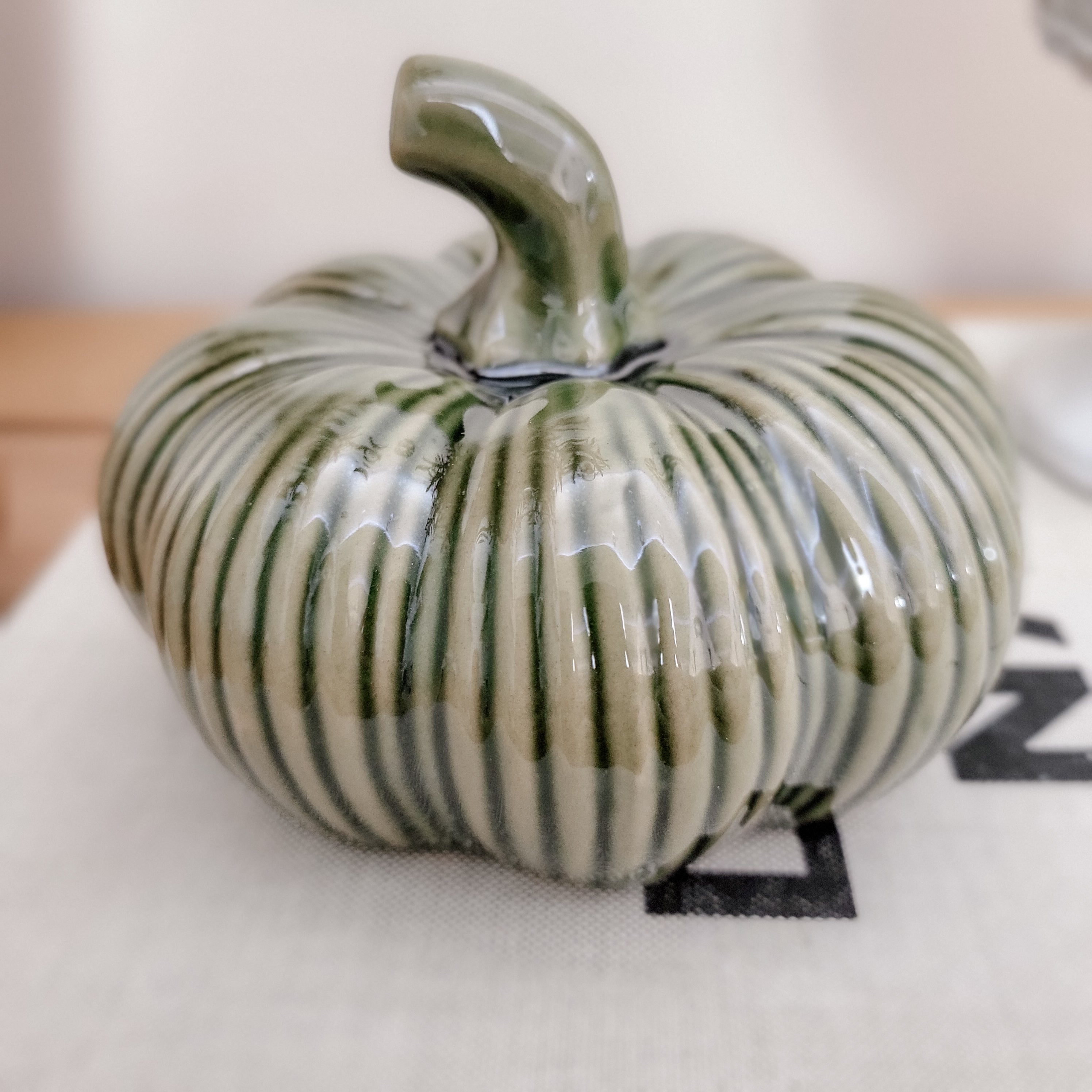 Glazed Ribbed Green Ceramic Pumpkin Ornament