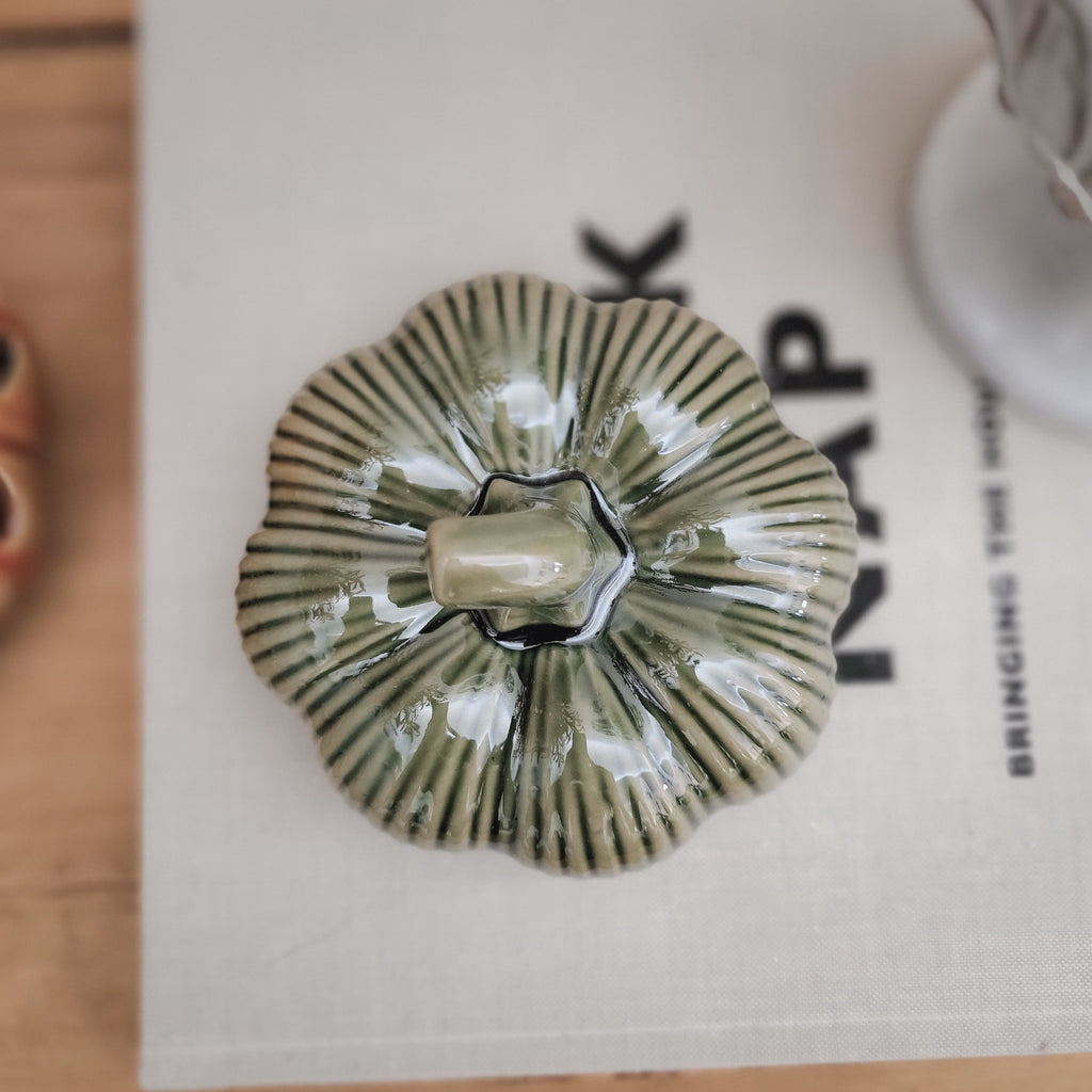 Glazed Ribbed Green Ceramic Pumpkin Ornament