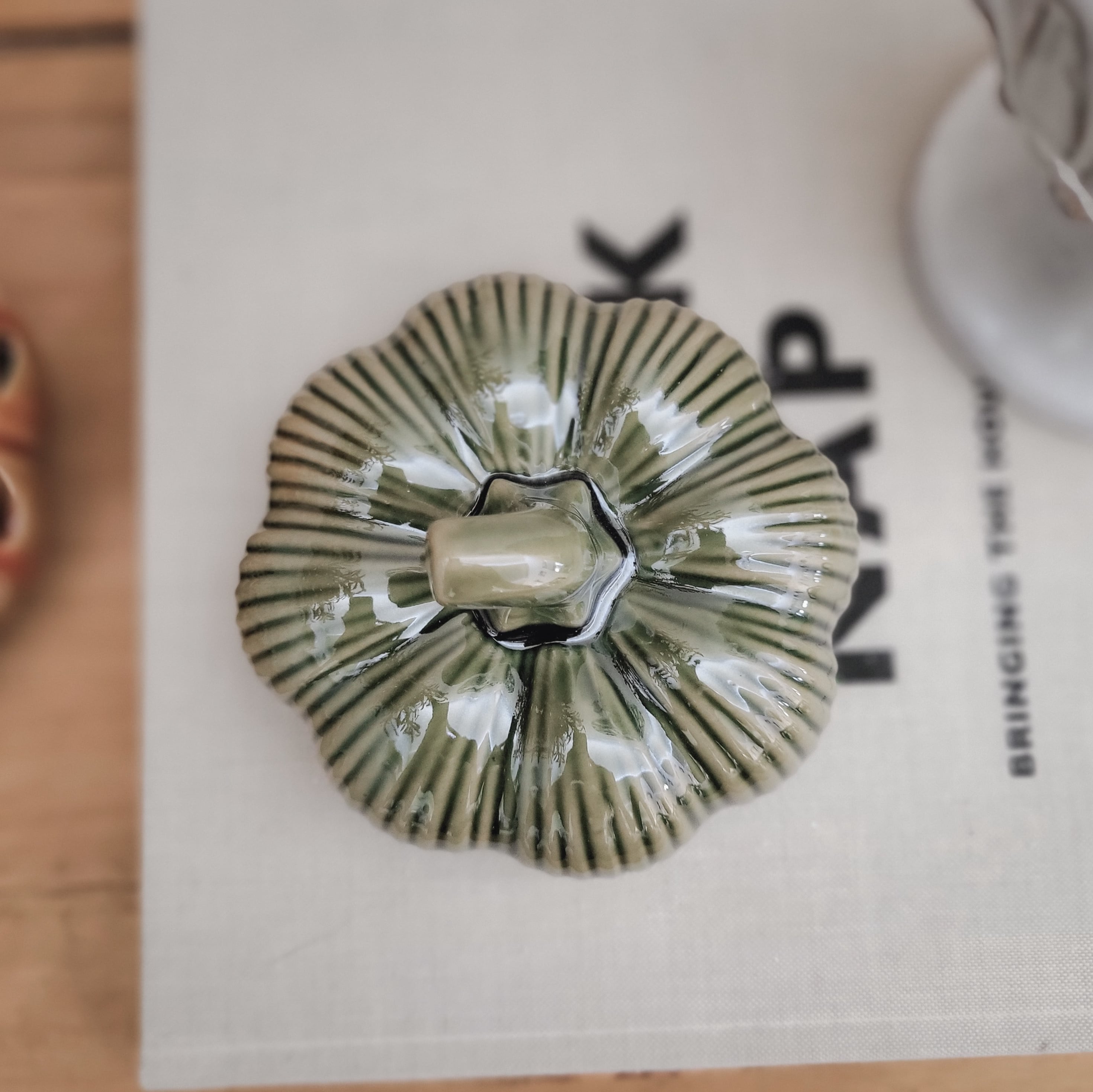 Glazed Ribbed Green Ceramic Pumpkin Ornament