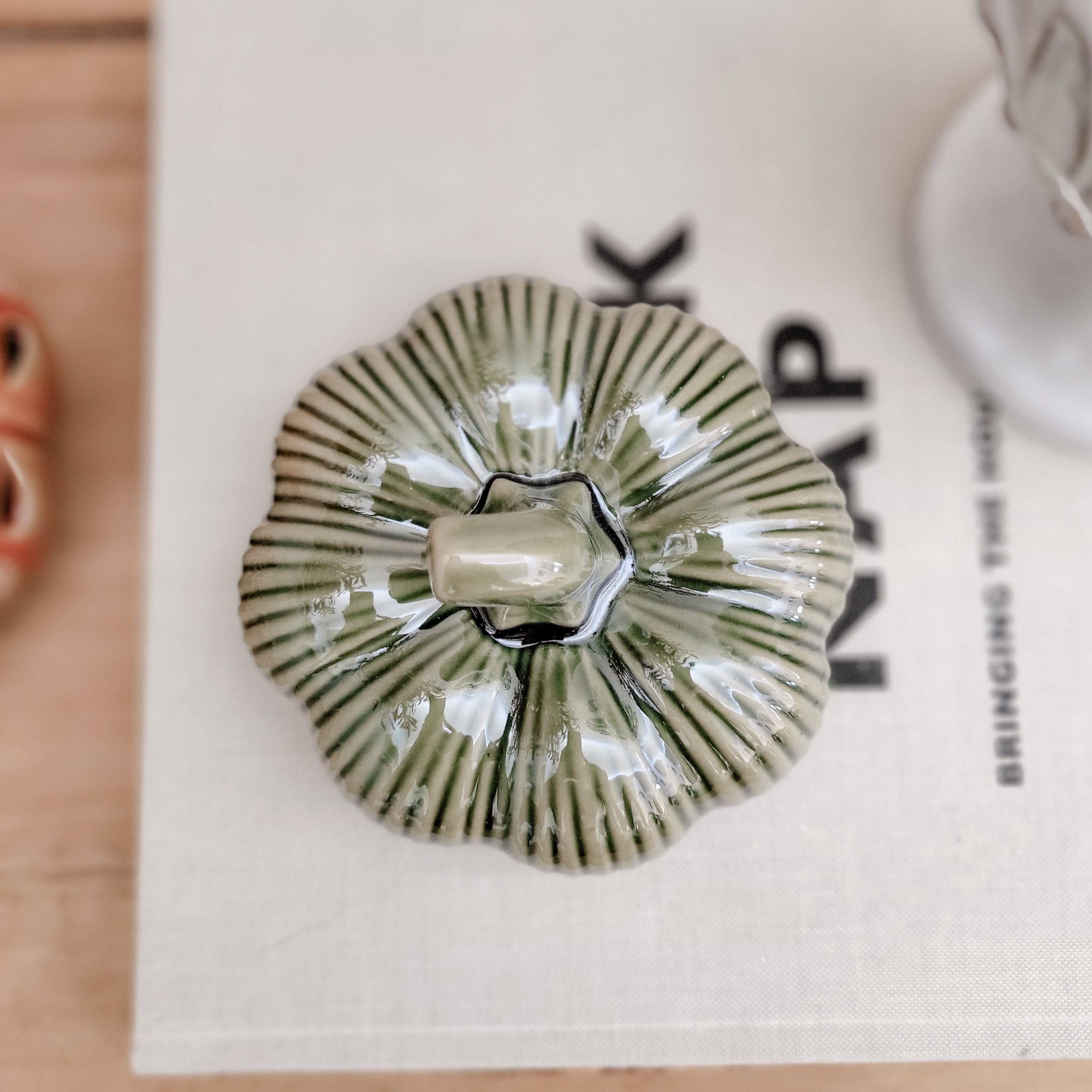 Glazed Ribbed Green Ceramic Pumpkin Ornament