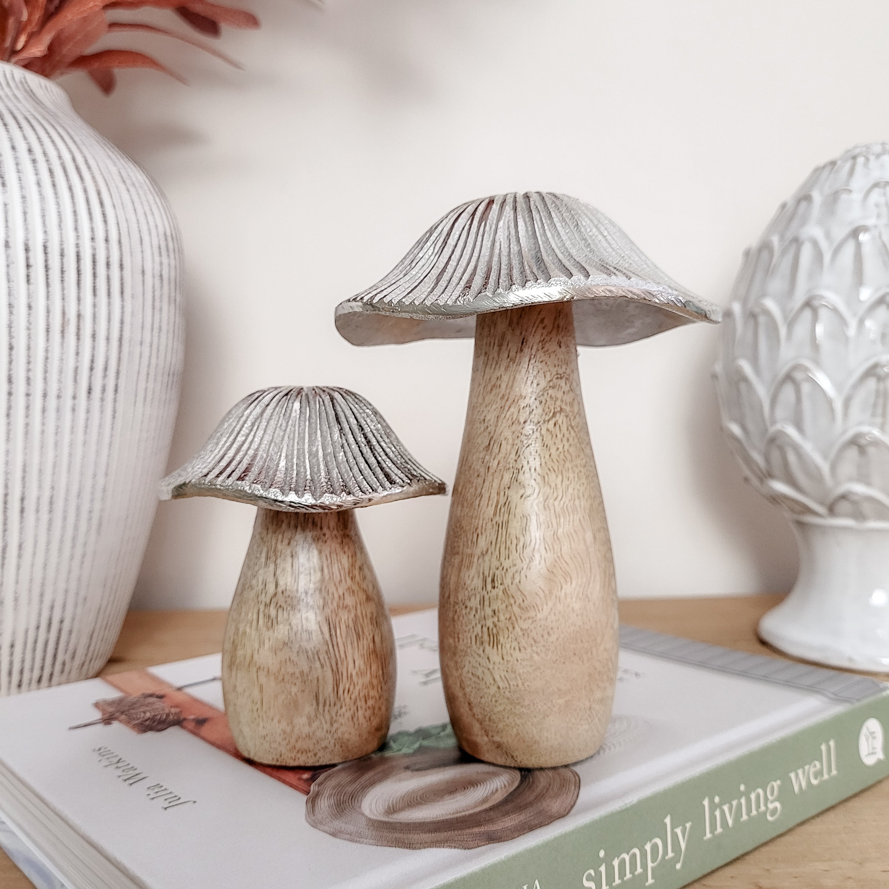 Mango Wood Metal Cap Mushrooms