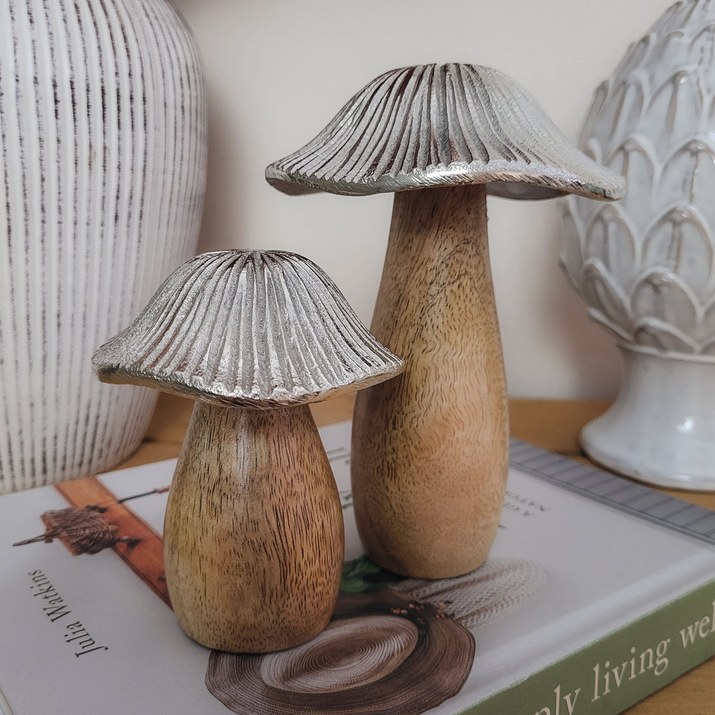 Mango Wood Metal Cap Mushrooms