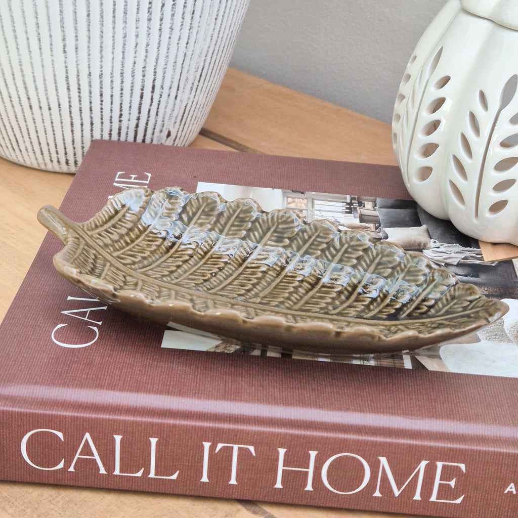 Green Ceramic Leaf Shaped Trinket Dish