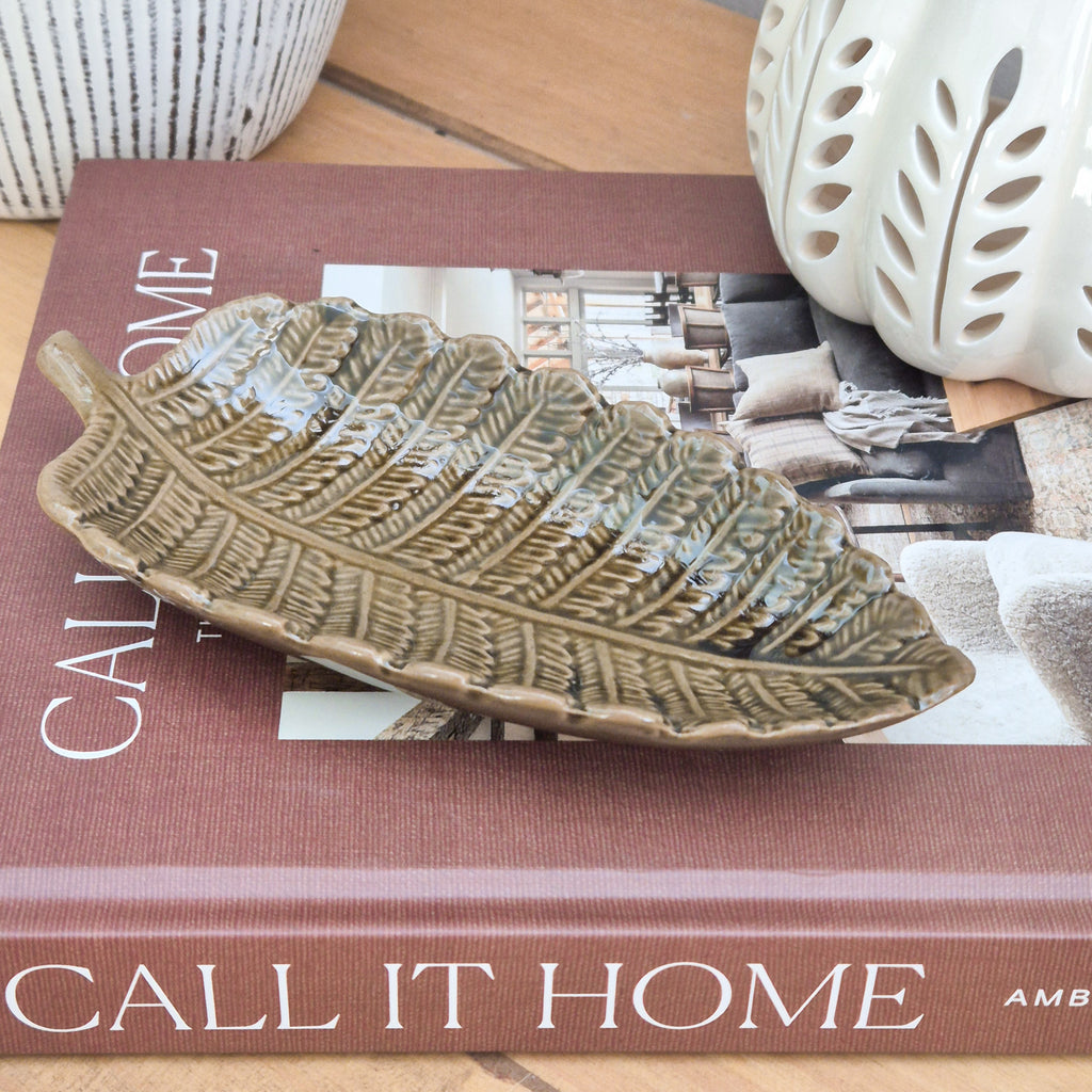 Green Ceramic Leaf Shaped Trinket Dish