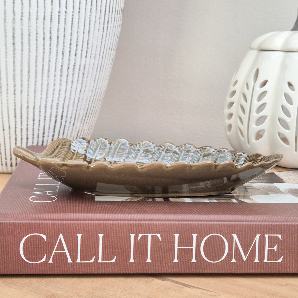 Green Ceramic Leaf Shaped Trinket Dish