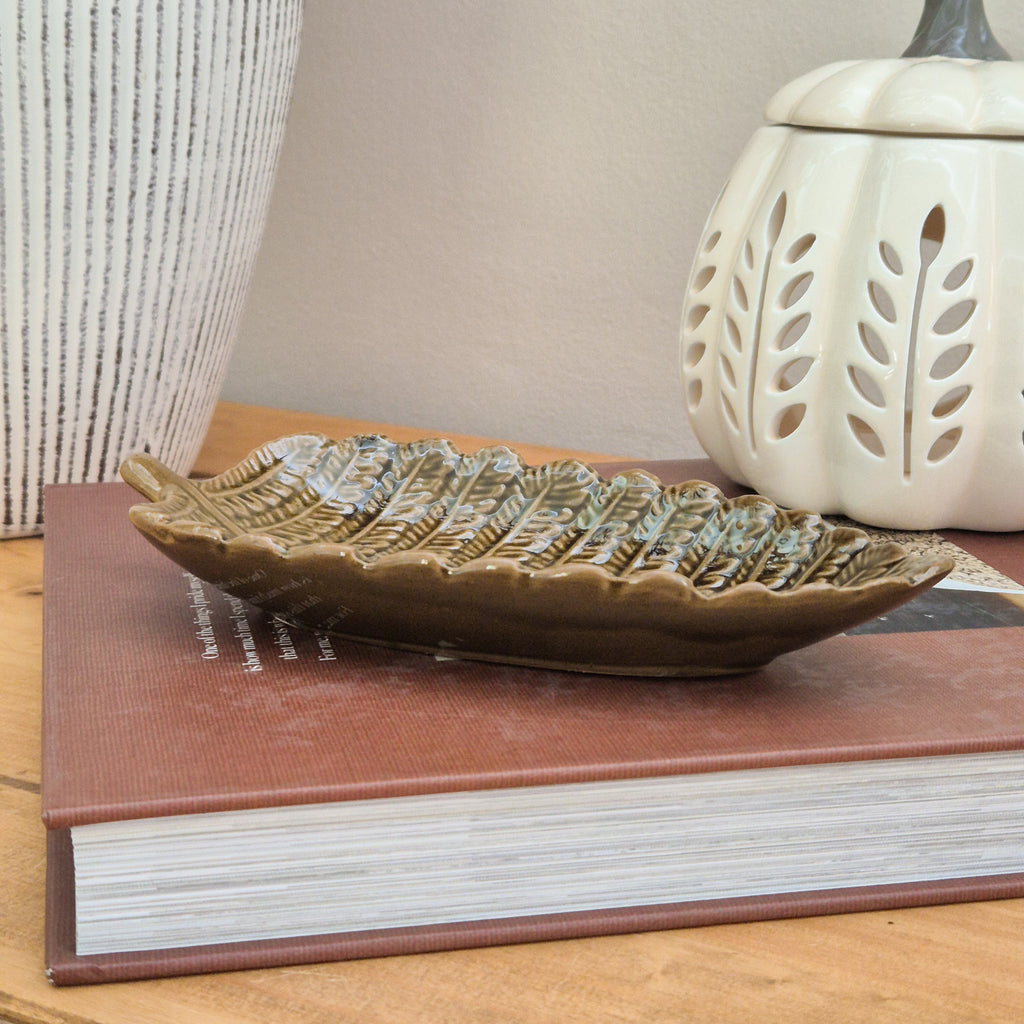 Green Ceramic Leaf Shaped Trinket Dish