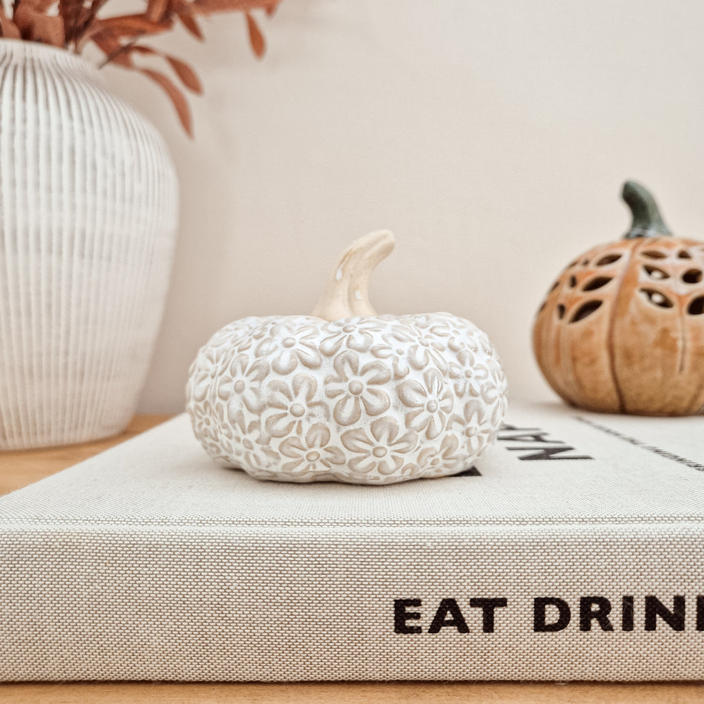 White Floral Ceramic Pumpkin Ornament
