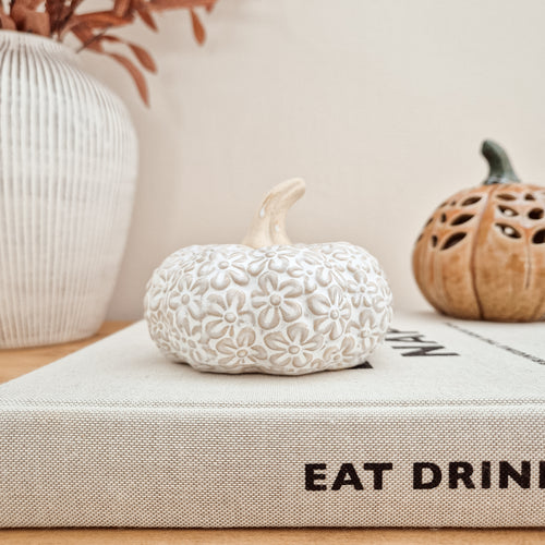 White Floral Ceramic Pumpkin Ornament