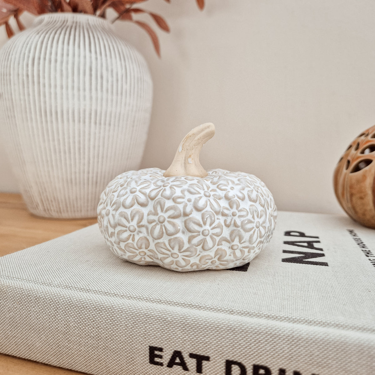 White Floral Ceramic Pumpkin Ornament