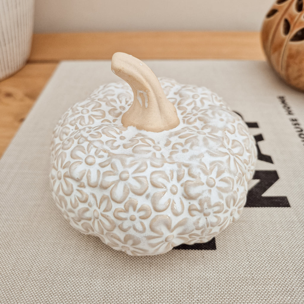 White Floral Ceramic Pumpkin Ornament