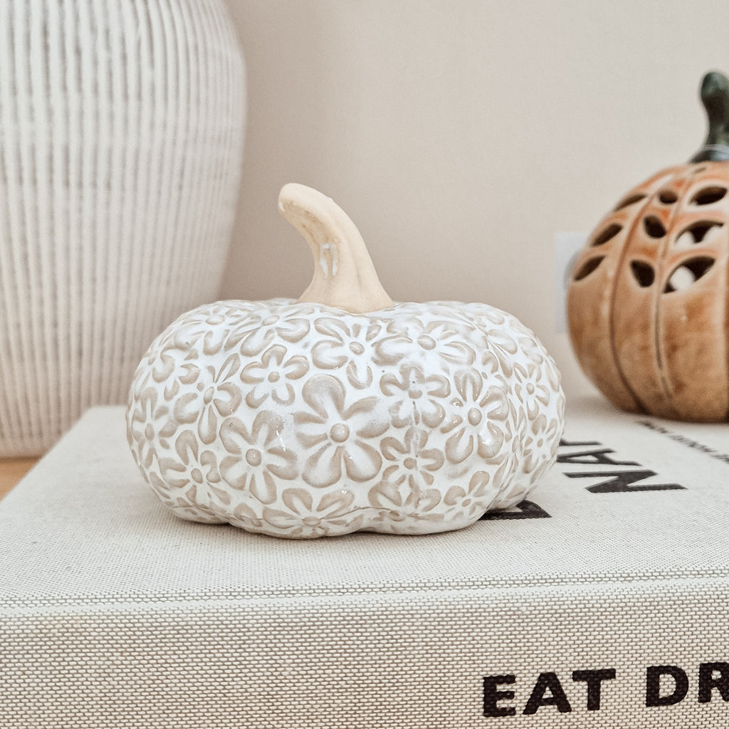 White Floral Ceramic Pumpkin Ornament