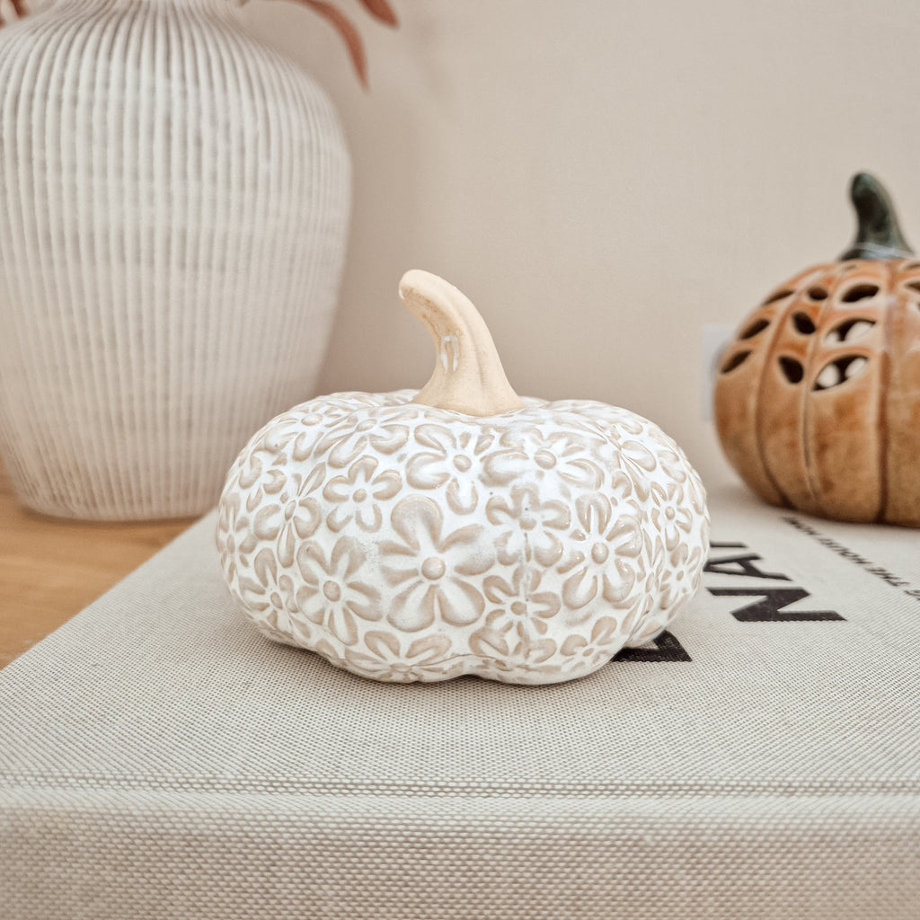 White Floral Ceramic Pumpkin Ornament