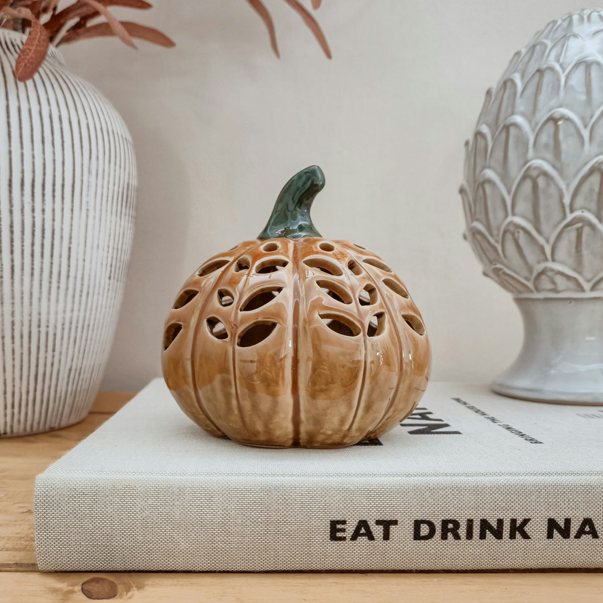 Orange Ceramic LED Pumpkin Ornament
