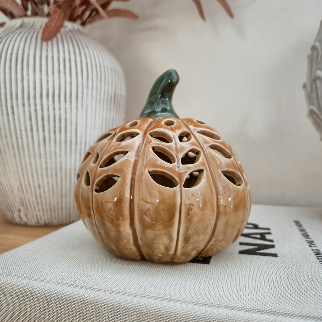Orange Ceramic LED Pumpkin Ornament