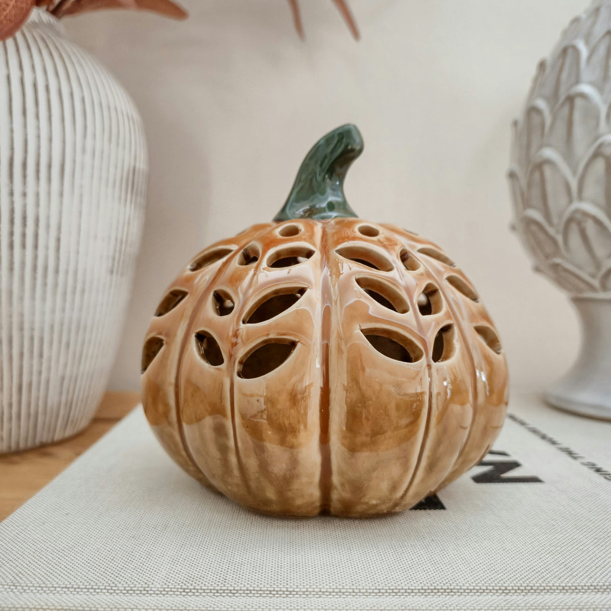 Orange Ceramic LED Pumpkin Ornament