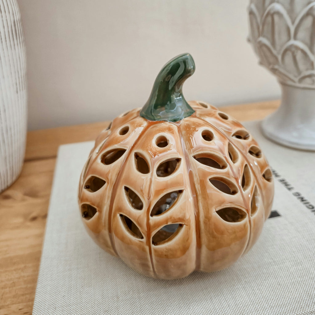 Orange Ceramic LED Pumpkin Ornament