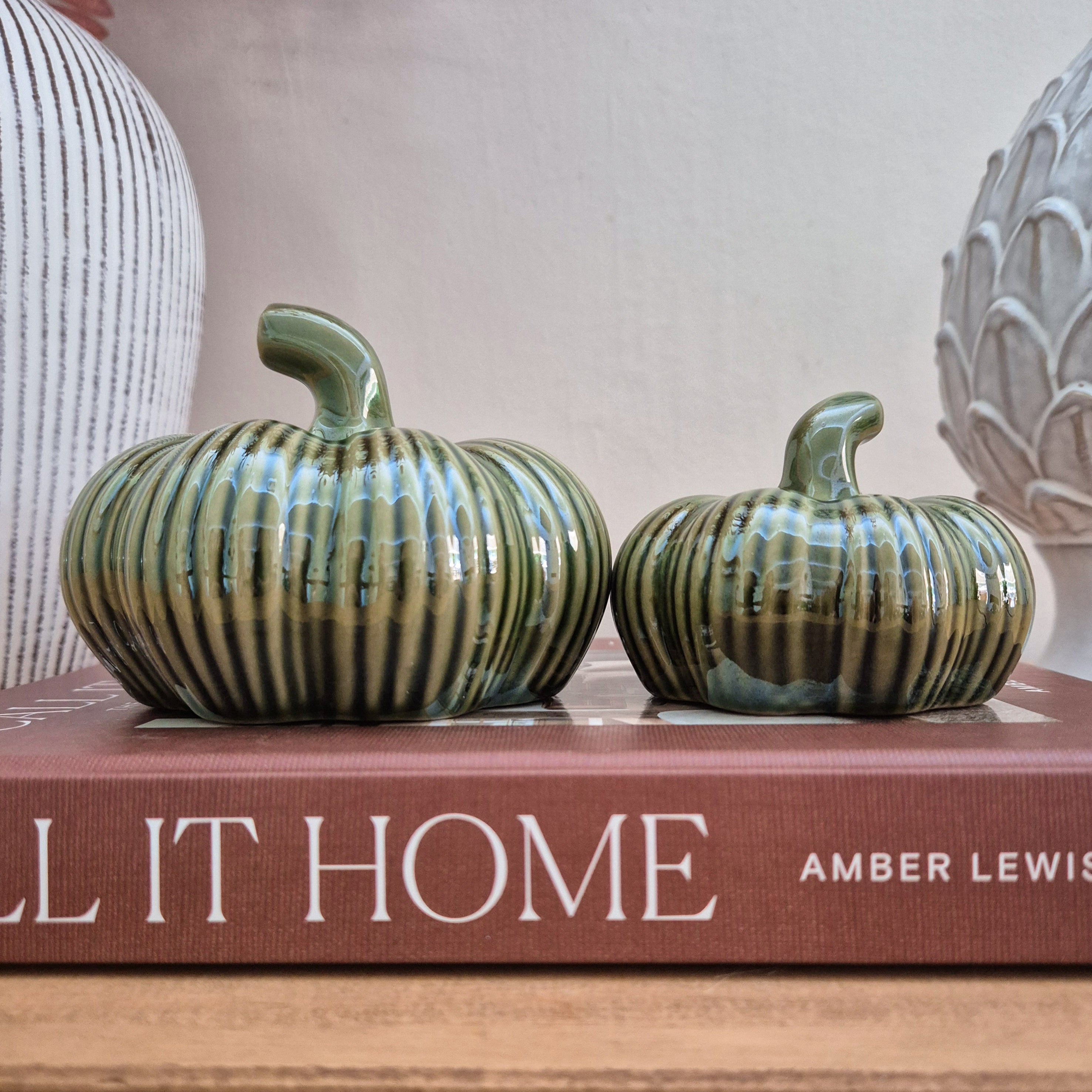 Green Ribbed Ceramic Pumpkin Ornament