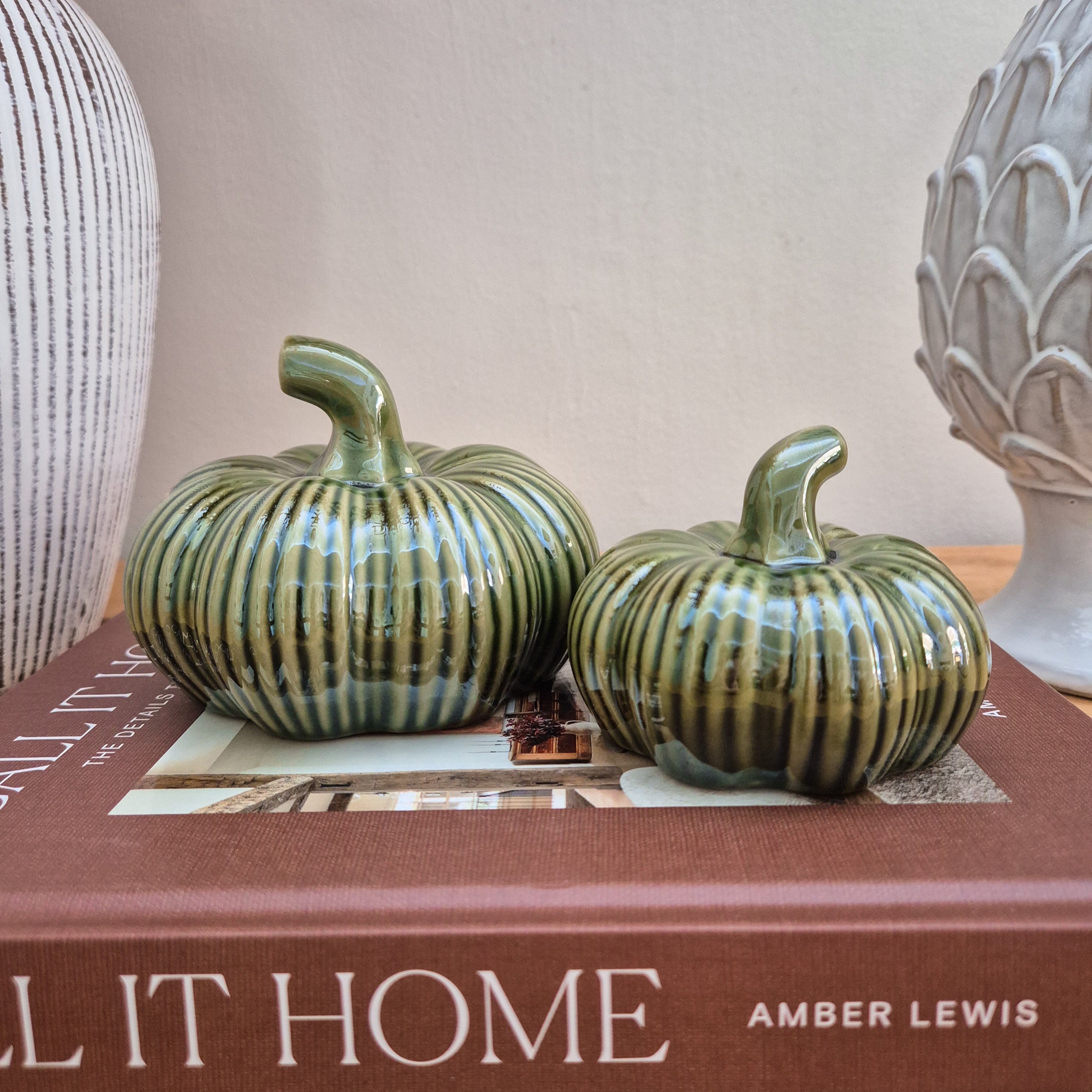 Green Ribbed Ceramic Pumpkin Ornament